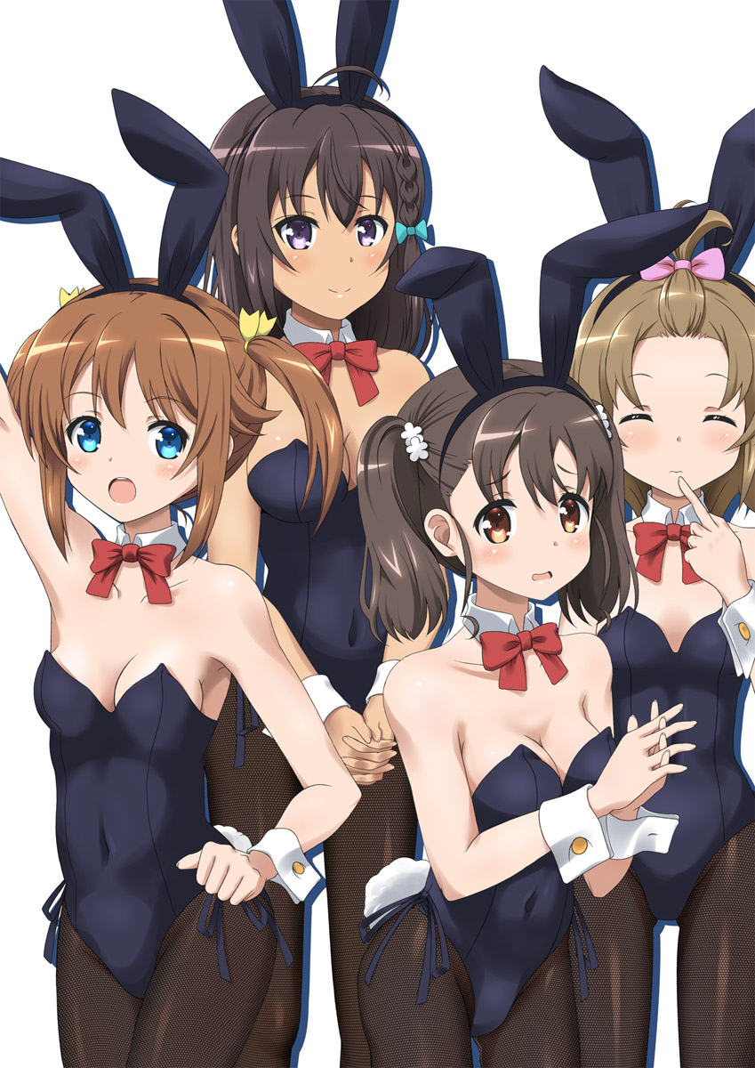 4girls, animal_ears, black_hair, black_legwear, black_leotard, blue_eyes, bow, bowtie