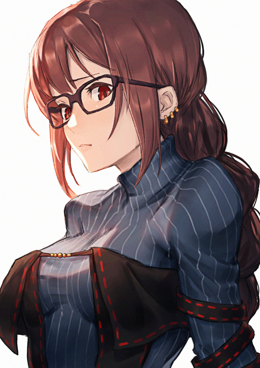 1girl, black_dress, blue_skirt, braid, breasts, brown-framed_eyewear, brown_hair, closed_mouth