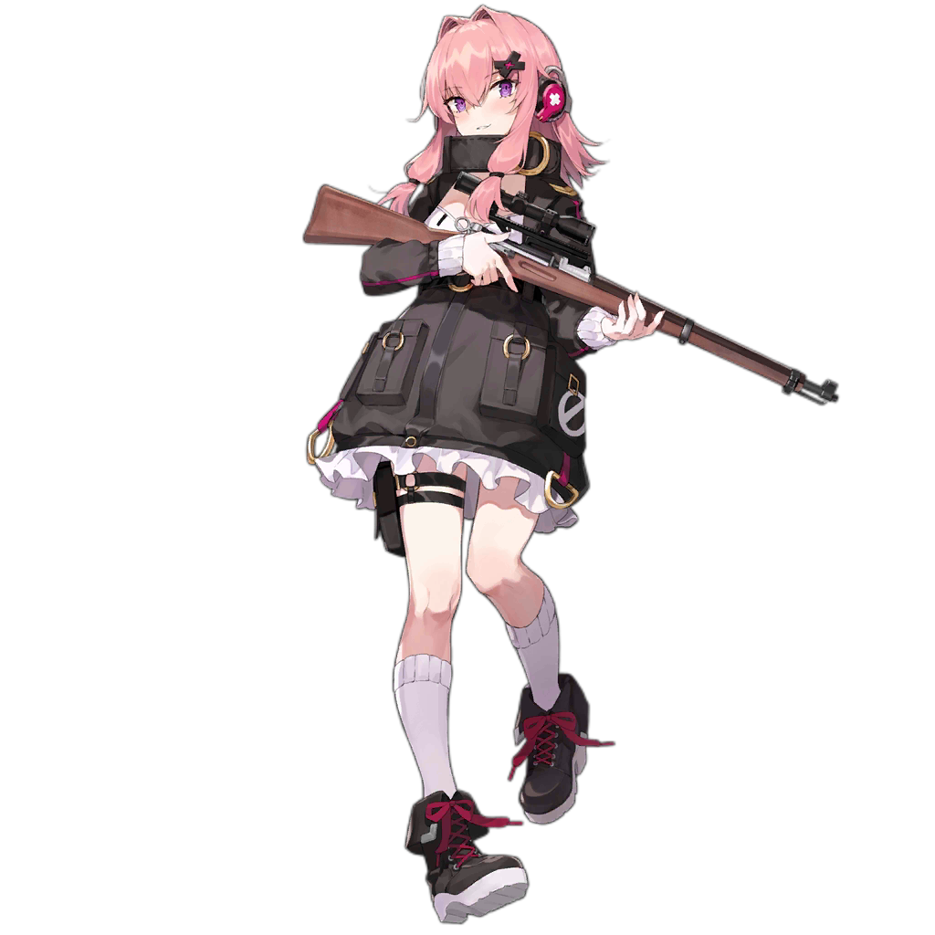 1girl, aiko_(kanl), bolt_action, boots, coat, female_focus, full_body, girls'_frontline, gun, hair_ornament, hairclip, headphones, k31, k31_(girls'_frontline), medium_hair, official_art, pink_hair, purple_eyes, rifle, scope, shadow, sniper_rifle, socks, solo, tactical_clothes, transparent_background, weapon