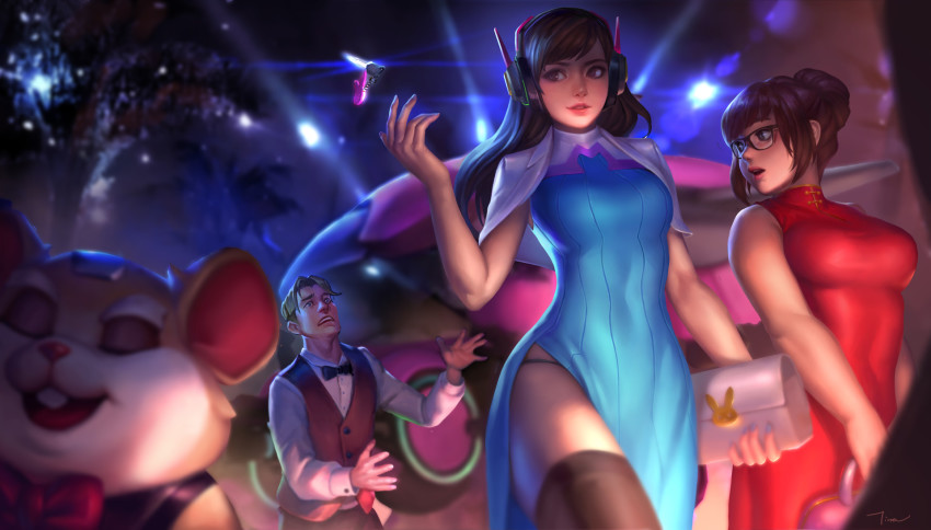 2boys, 2girls, bag, black_eyes, blue_eyes, bow, bowtie, brown_eyes