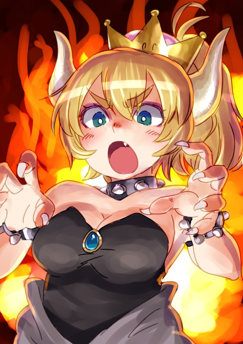 1girl, black_leotard, blonde_hair, blue_eyes, bowsette, bracelet, breasts, bright_pupils