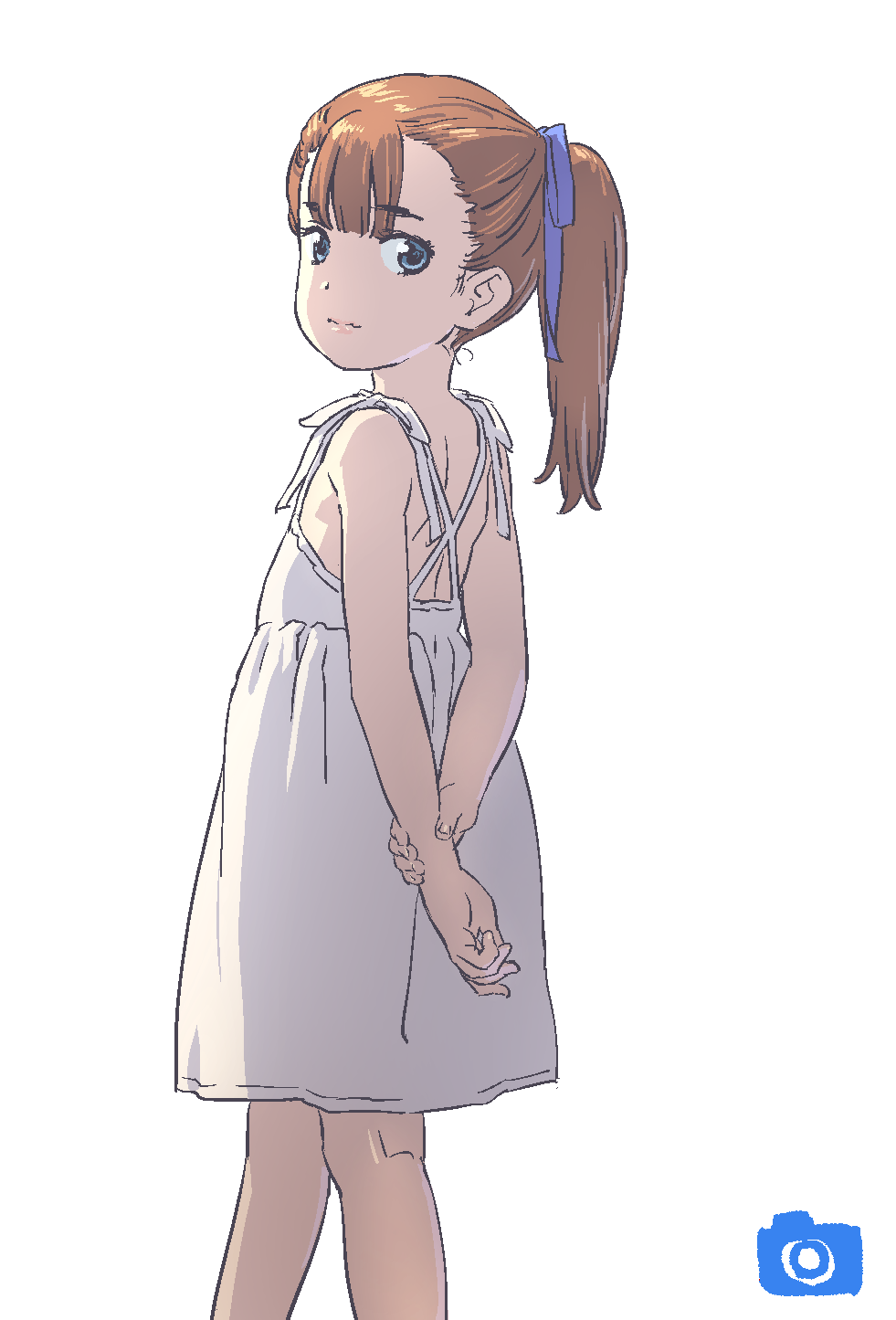 1girl, bare_arms, bare_shoulders, blue_ribbon, brown_hair, closed_mouth, cropped_legs, dress