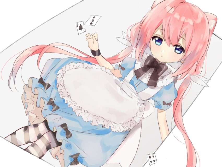 alice_(alice_in_wonderland), alice_(alice_in_wonderland)_(cosplay), alice's_adventures_in_wonderland, animal_ears, apron, bad_id, bad_twitter_id, blue_dress, blue_eyes, bow, card, cat_ears, cosplay, dani_yamada, dress, highres, hinata_channel, long_hair, nekomiya_hinata, pantyhose, pink_hair, playing_card, ribbon, striped_clothes, striped_legwear, striped_pantyhose, twintails, very_long_hair, virtual_youtuber