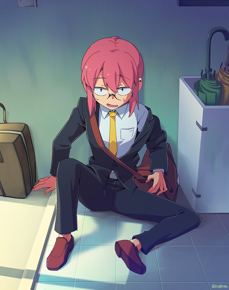 1girl, bag, black_jacket, black_pants, brown_shoes, collared_shirt, commentary_request, female_focus