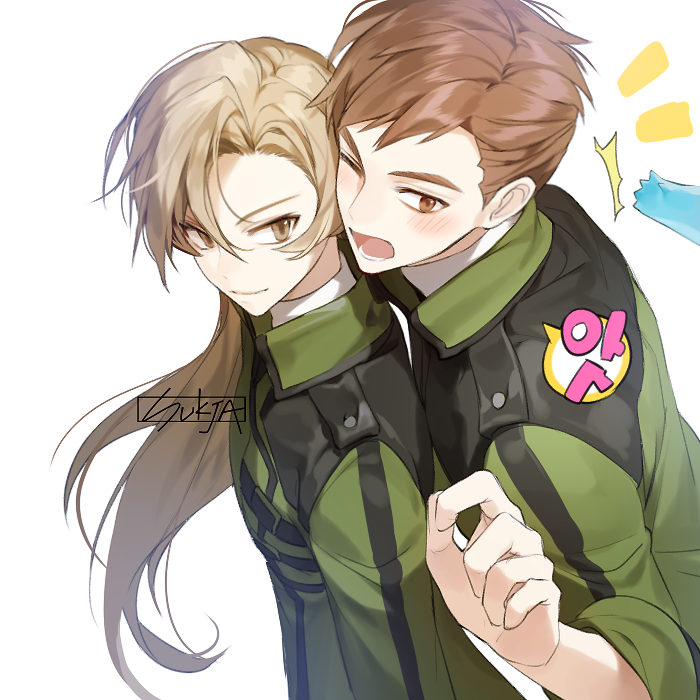 1boy, 1girl, artist_logo, artist_name, watermark, blonde_hair, blush, brown_eyes