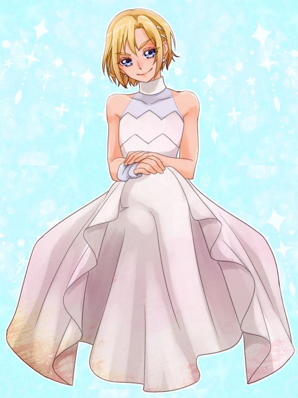 10s, 1boy, blonde_hair, blue_eyes, closed_mouth, crossdressing, crossdressing_(mtf), dress, gown, hair_ornament, hairclip, hugtto!_precure, looking_at_viewer, male_focus, nobumoto, precure, smile, solo, trap, wakamiya_henri, white_dress