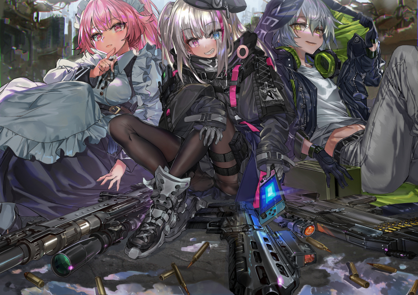14.5x114mm, 3girls, 7.62x54mmr, absurdres, acog, aek-999_(girls'_frontline), aek-999_barsuk, alternate_costume