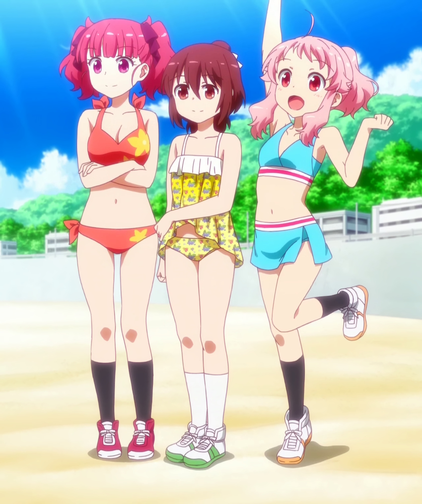 10s, 3girls, anima_yell!, anime_screenshot, beach, bikini, black_socks, breasts, brown_eyes, brown_hair, cleavage, cloud, day, full_body, hatoya_kohane, highres, kneehighs, multiple_girls, outdoors, pink_eyes, pink_hair, ponytail, shoes, sky, sneakers, socks, split_mouth, standing, stitched, swimsuit, tatejima_kotetsu, third-party_edit, twintails, ushiku_kana, white_legwear