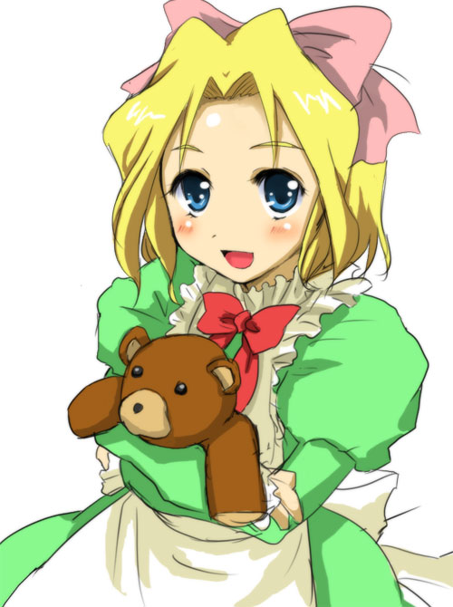 00s, 1girl, apron, bad_id, bad_pixiv_id, blonde_hair, blue_eyes, blush