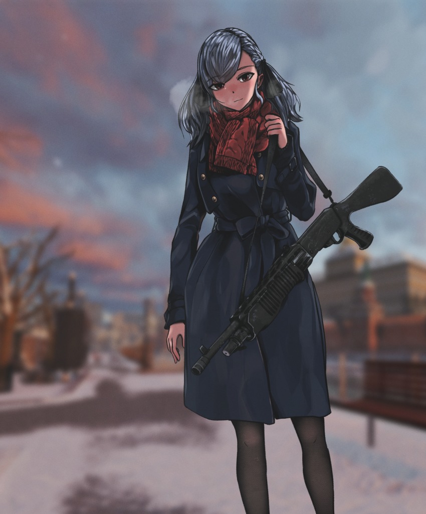 1girl, black_pantyhose, blurry, blurry_background, breath, coat, combat_shotgun, commentary, dual-mode_shotgun, female_focus, girls'_frontline, gun, hair_ribbon, highres, looking_at_viewer, outdoors, pantyhose, pump-action_shotgun, pump_action, rainbow_six_siege, ribbon, scarf, scenery, semi-automatic_shotgun, shotgun, silver_hair, solo, spas-12, spas-12_(girls'_frontline), treeman, twintails, weapon, winter, winter_clothes