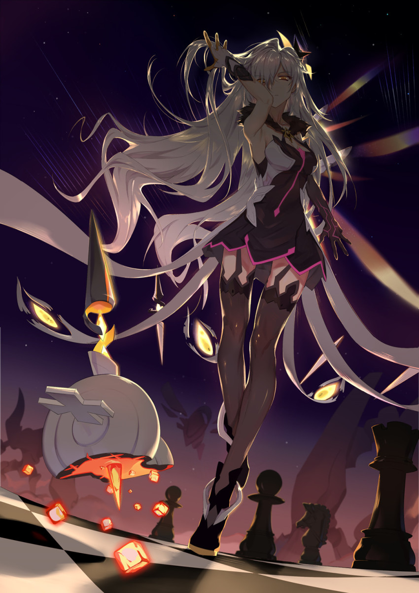 1girl, ahoge, armor, armored_dress, backlighting, bare_shoulders, black_dress, black_footwear