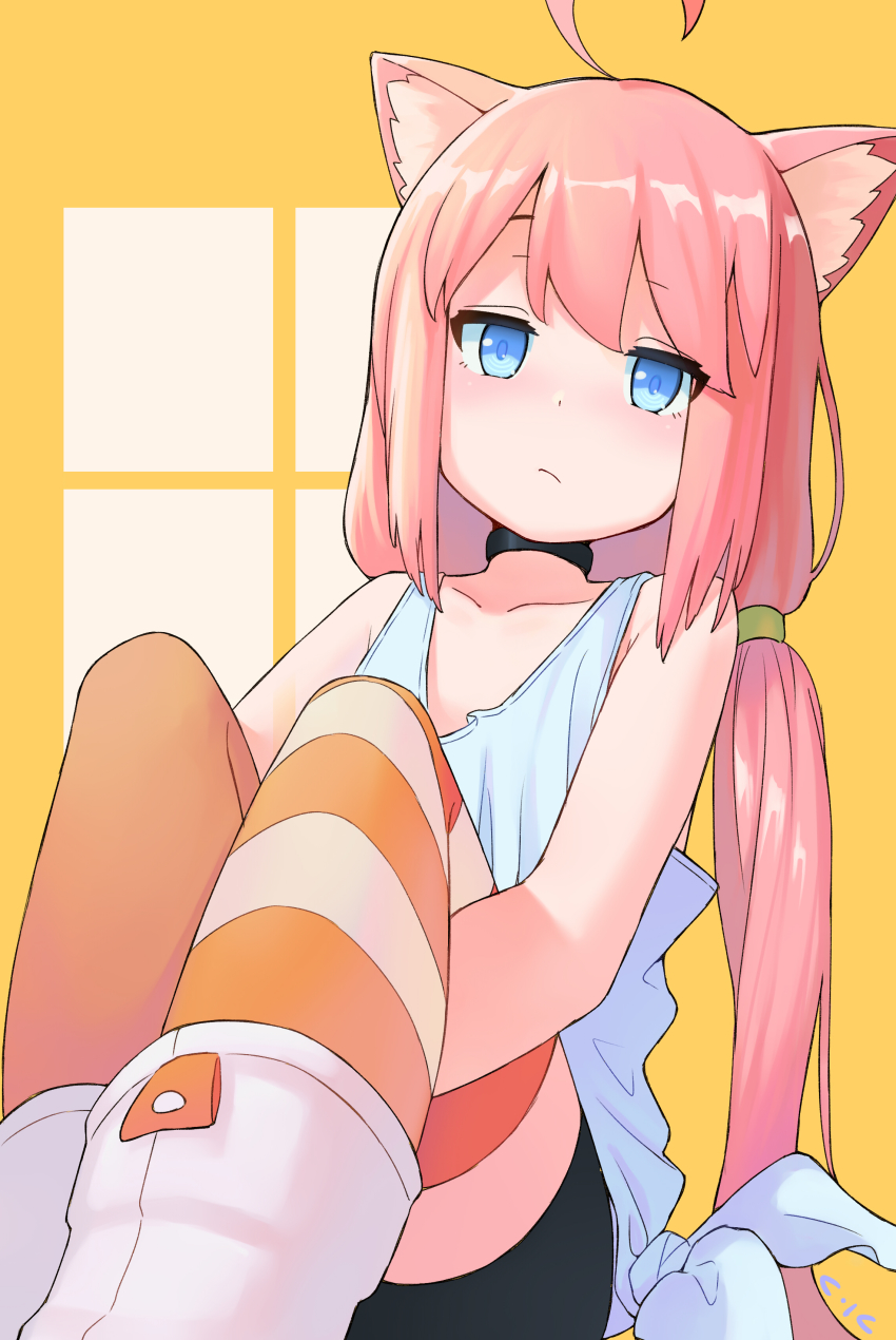 1girl, absurdres, animal_ear_fluff, animal_ears, armpit_crease, asymmetrical_legwear, bare_arms, bare_shoulders