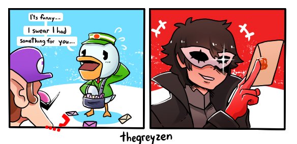 10s, amamiya_ren, animal_crossing, atlus, black_hair, card, comic, facial_hair, gloves, hat, mario_(series), mask, mustache, nintendo, overalls, persona, persona_5, pete_(animal_crossing), red_eyes, red_gloves, smile, super_mario_bros._1, super_smash_bros., thegreyzen, thief, waluigi, wax_seal, white_gloves