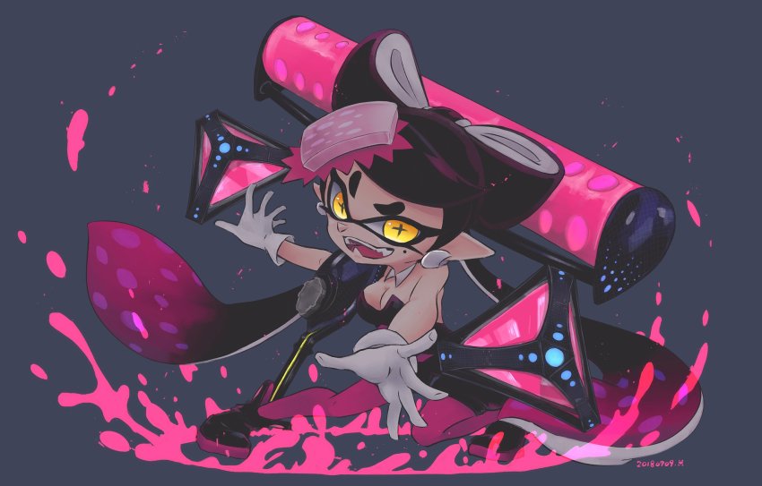 +_+, 1girl, ankle_boots, black_background, black_boots, black_hair, black_jumpsuit, bomb_rush_(splatoon)