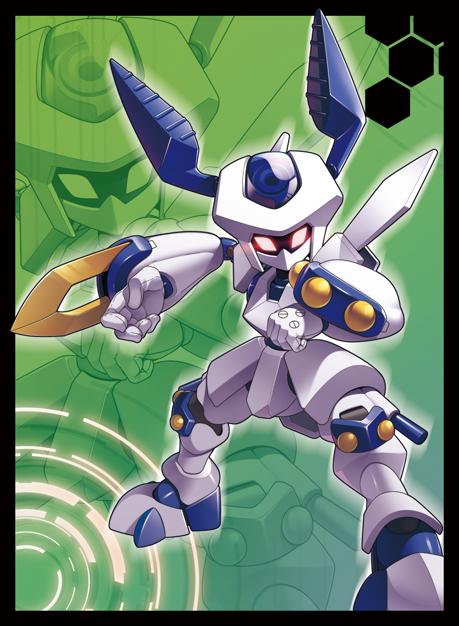 antennae, arm_blade, bad_id, bad_pixiv_id, black_border, border, commentary_request, glowing, glowing_eyes, green_background, highres, horns, looking_at_viewer, mecha, medarot, no_humans, red_eyes, robot, rokusho_(medarot), sanbonzuno, solo, standing, sword, weapon, zoom_layer