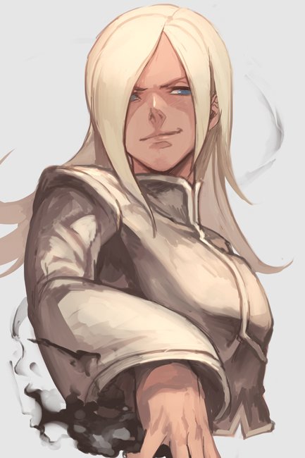 1boy, blonde_hair, blue_eyes, closed_mouth, coat, fire, grey_background, grin