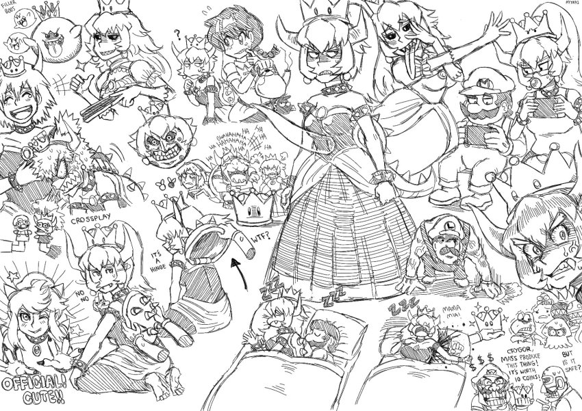 3boys, 4girls, :d, anger_vein, angry, annoyed, ayyk92, bakugou_katsuki, bakugou_mitsuki, bespectacled, black_sclera, blood, blowing_bubble_gum, blowing_bubbles, boku_no_hero_academia, boo_(mario), bowser, bowsette, bracelet, character_request, chewing_gum, collar, colored_sclera, commentary_request, crossover, crown, dr._crygor, dress, earrings, english_text, fang, fangs, fingernails, futon, glasses, greyscale, grin, highres, horns, italian_text, jewelry, koopa_troopa, laughing, link, long_dress, looking_at_viewer, luigi's_mansion, mario, mario_(series), mechanical_cyclops_eye, mechanical_eyes, monochrome, moon_(zelda), multiple_boys, multiple_crossover, multiple_girls, muscular, navi, new_super_mario_bros._u_deluxe, nintendo, nintendo_switch, open_mouth, playing_games, playing_video_games, ponytail, princess_king_boo, princess_peach, ranguage, ranma-chan, ranma_1/2, shaded_face, sharp_fingernails, sharp_teeth, signature, simple_background, sketch, sleeping, smile, sparkle, spiked_bracelet, spiked_collar, spikes, sweatdrop, teeth, the_legend_of_zelda, the_legend_of_zelda:_majora's_mask, tongue, tongue_out, wario, white_background, wide-eyed, zzz