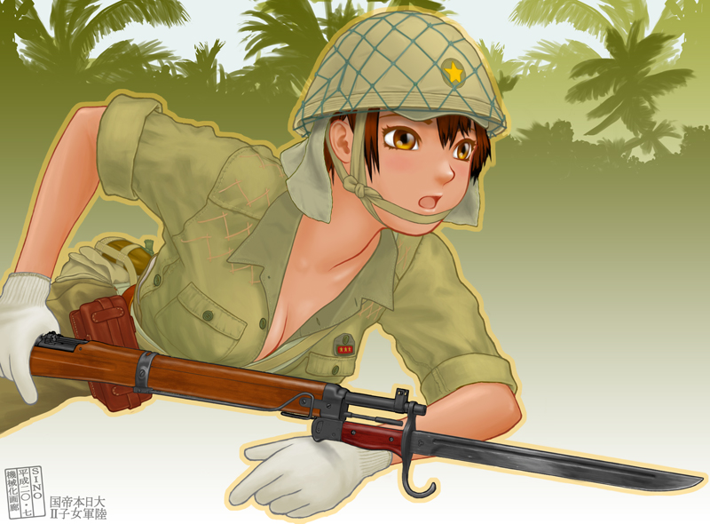 1girl, bayonet, bolt_action, breasts, brown_eyes, brown_hair, cleavage, female_focus