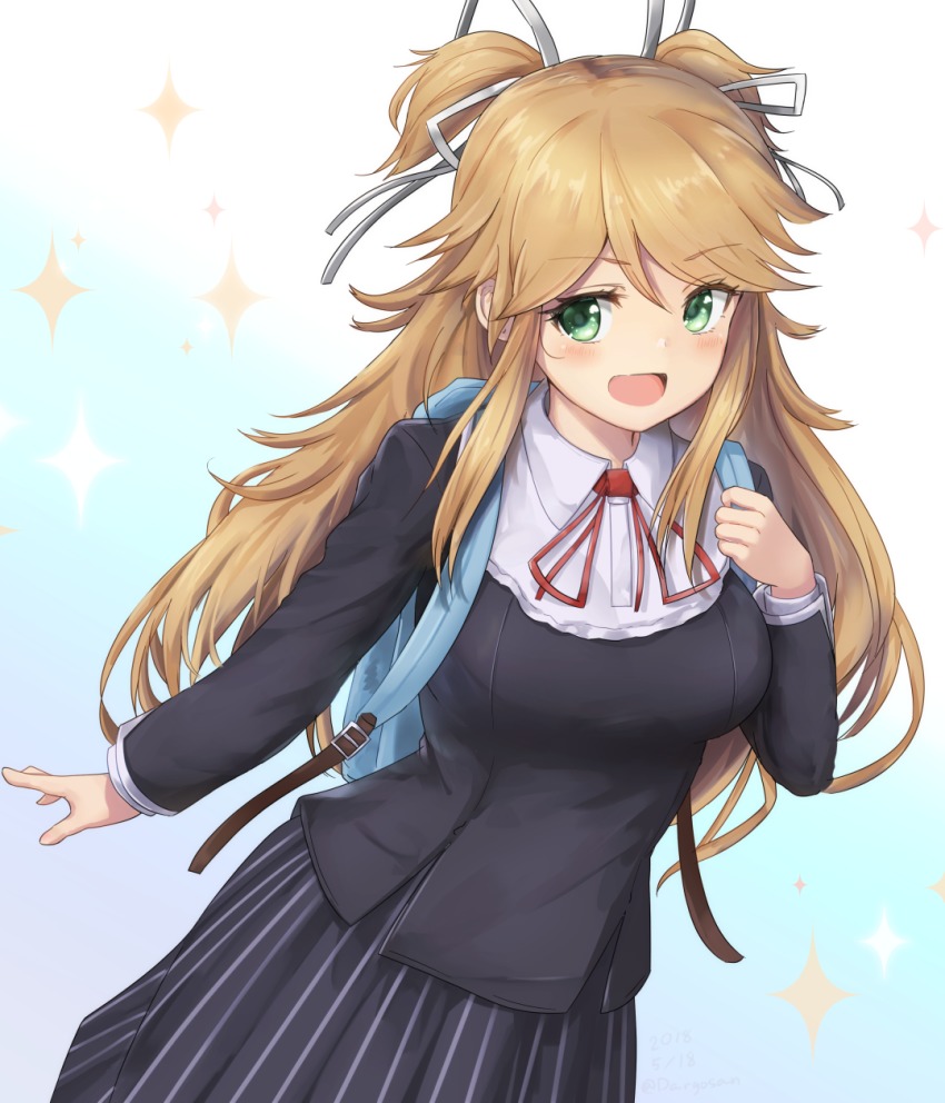 1girl, :d, backpack, bag, black_shirt, black_skirt, blonde_hair, blush, breasts, collared_shirt, cowboy_shot, dargo, dutch_angle, female_focus, gradient_background, green_eyes, hair_ribbon, hand_up, highres, long_hair, long_sleeves, looking_at_viewer, medium_breasts, neck_ribbon, ninon_(princess_connect!), ninon_(real)_(princess_connect!), open_mouth, princess_connect!, red_ribbon, ribbon, school_uniform, shirt, sidelocks, skirt, smile, solo, sparkle_background, striped_clothes, striped_skirt, two_side_up, white_ribbon