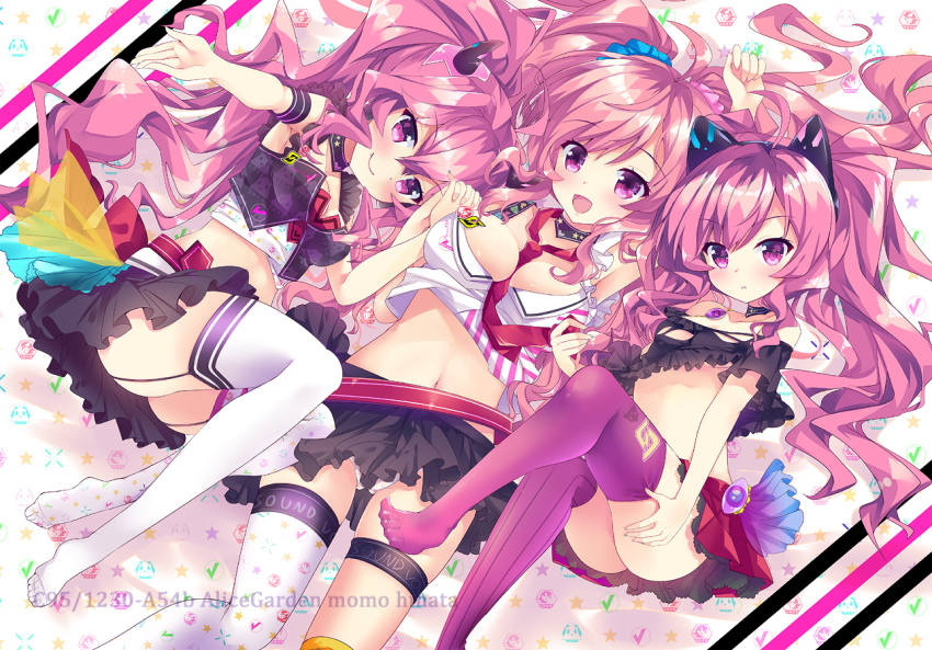 3girls, :d, animal_ears, arm_up, artist_name, asymmetrical_legwear, belt, bemani, between_breasts, black_shirt, black_skirt, blue_nails, blue_scrunchie, blush, breasts, cat_ears, cleavage, closed_mouth, collarbone, commentary_request, crop_top, dutch_angle, fang, fang_out, fingernails, garter_straps, girl_sandwich, grace_(believe_your_wings)_(sound_voltex), grace_(sound_voltex), hair_between_eyes, hair_ornament, hair_scrunchie, head_tilt, hinata_momo, holding_hands, horns, interlocked_fingers, large_breasts, long_hair, lying, midriff, mismatched_legwear, multiple_girls, nail_polish, navel, necktie, necktie_between_breasts, no_shoes, on_back, on_side, open_mouth, outstretched_arm, panties, pink_hair, pink_scrunchie, pleated_skirt, print_legwear, purple_eyes, purple_legwear, rasis, rasis_(believe_your_wings), red_belt, red_neckwear, red_skirt, sandwiched, scrunchie, shirt, skirt, small_breasts, smile, sound_voltex, striped_clothes, striped_legwear, striped_thighhighs, thighhighs, underwear, uneven_legwear, vertical-striped_clothes, vertical-striped_legwear, vertical-striped_thighhighs, very_long_hair, watermark, white_legwear, white_panties, white_shirt