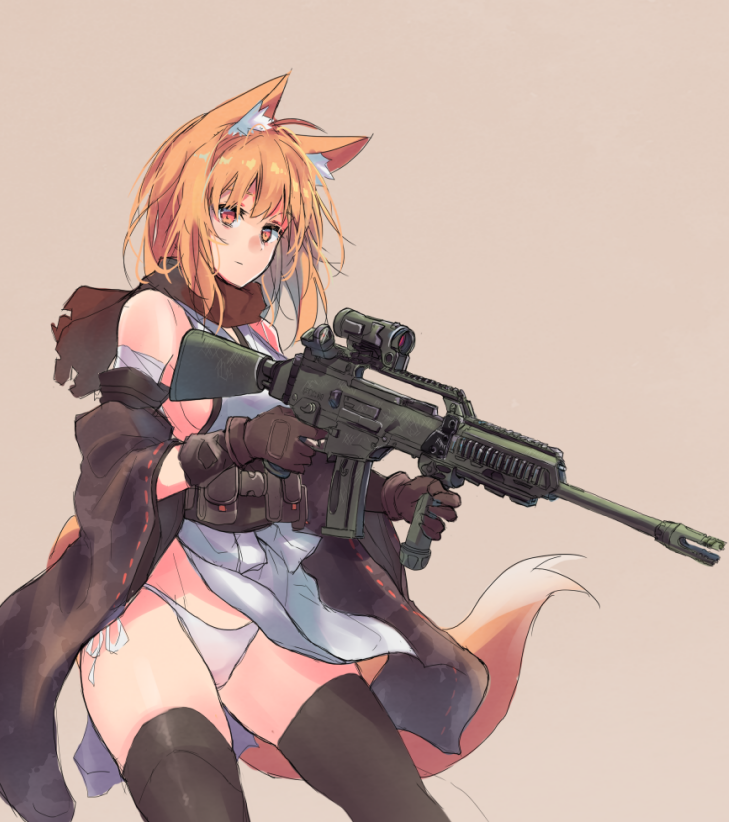 1girl, :/, animal_ear_fluff, animal_ears, assault_rifle, bare_shoulders, beige, beige_background