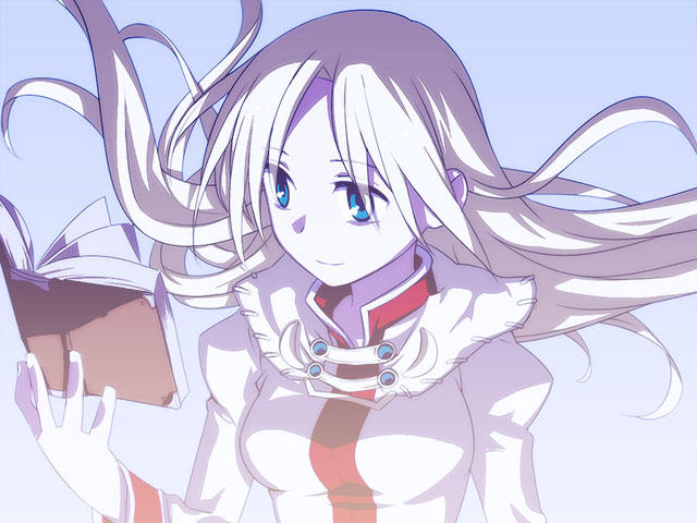 1girl, amano_shikaru, blonde_hair, blue_eyes, book, breasts, casting_spell, cecilia_lynne_adelhyde, commentary_request, dress, female_focus, long_hair, smile, solo, wild_arms, wild_arms_1