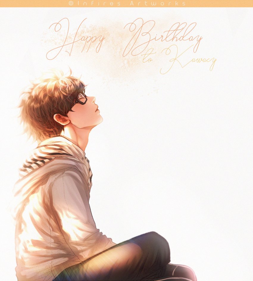 1boy, backlighting, black-framed_eyewear, black_hair, commentary, english_commentary, glasses, happy_birthday
