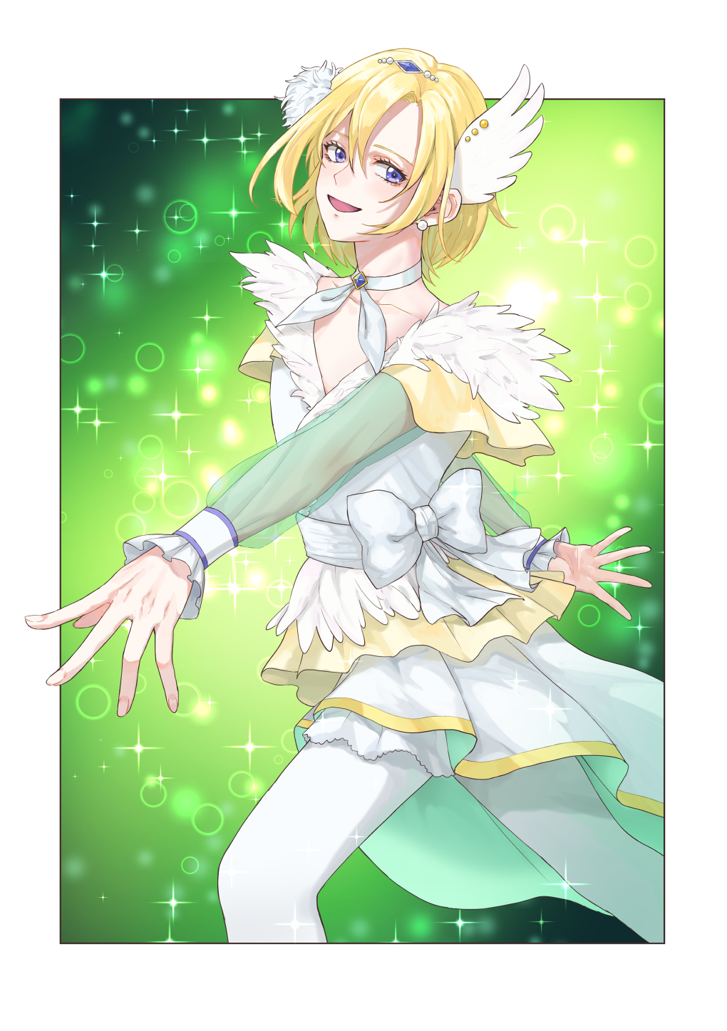 10s, 1boy, androgynous, ascot, blonde_hair, bob_cut, bow, cure_infini