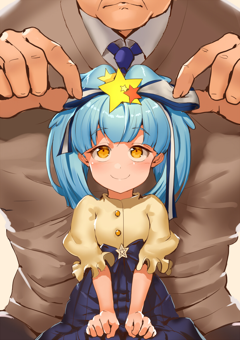 10s, 1boy, 1girl, blue_hair, father_and_child, father_and_daughter, frown, go_takeo