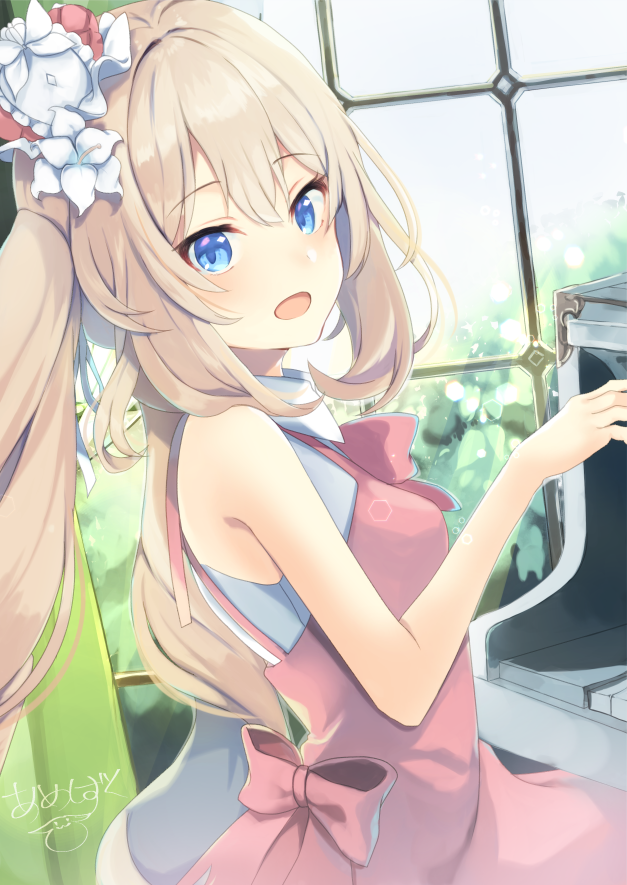 1girl, :d, ameshizuku_natsuki, blue_eyes, blush, bow, breasts, collared_shirt