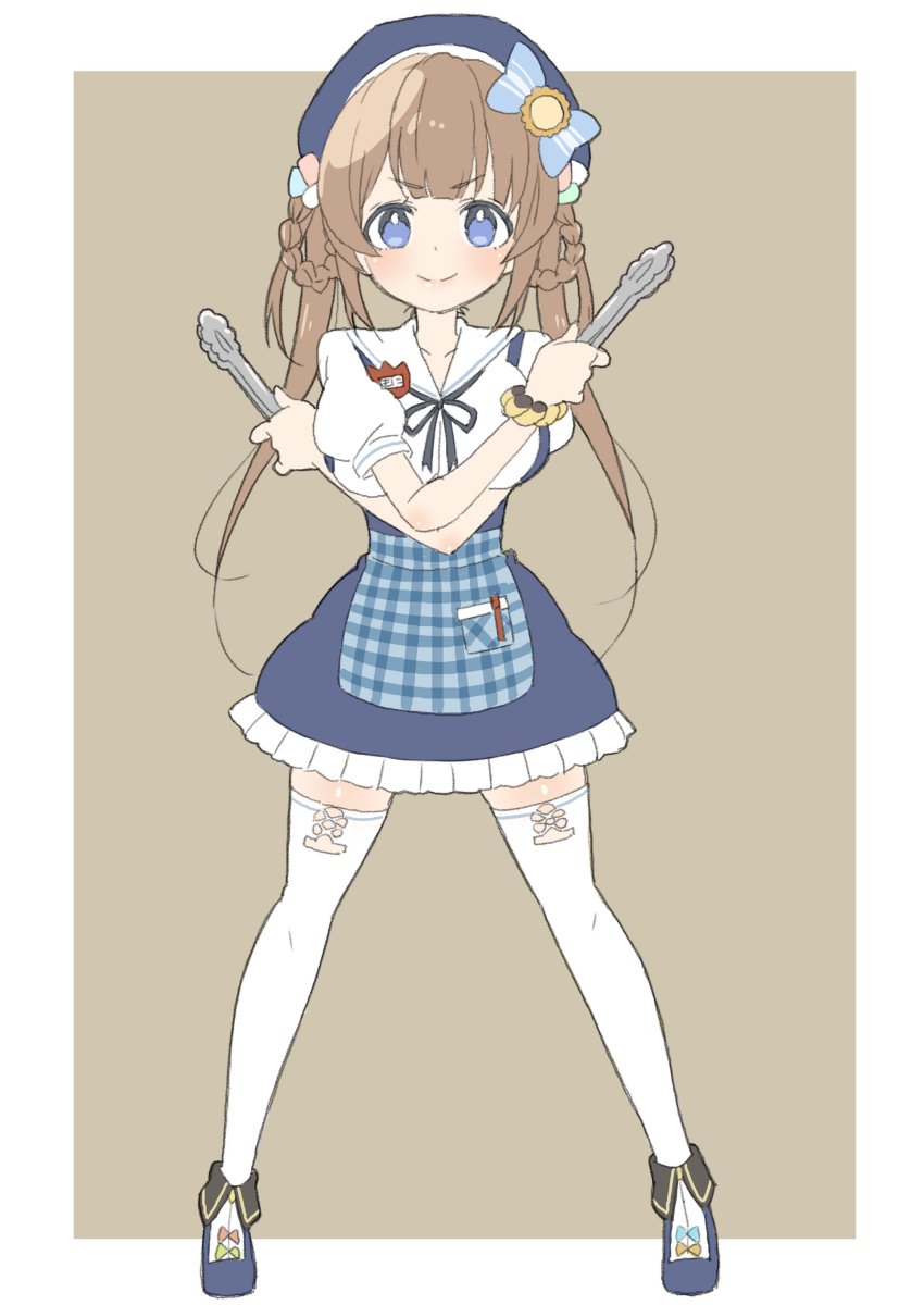 1girl, absurdres, amaryllis_gumi, apron, bad_id, bad_twitter_id, blue_eyes, blue_skirt, blush, braid, braided_hair_rings, brown_background, brown_hair, closed_mouth, crossed_arms, donguri_suzume, hair_ribbon, hair_rings, hat, highres, holding, looking_at_viewer, name_tag, puffy_short_sleeves, puffy_sleeves, ribbon, shoes, short_sleeves, simple_background, skirt, smile, standing, thighhighs, tongs, twin_braids, virtual_youtuber, waist_apron, waitress, white_thighhighs, yoshimochi_moni, zettai_ryouiki