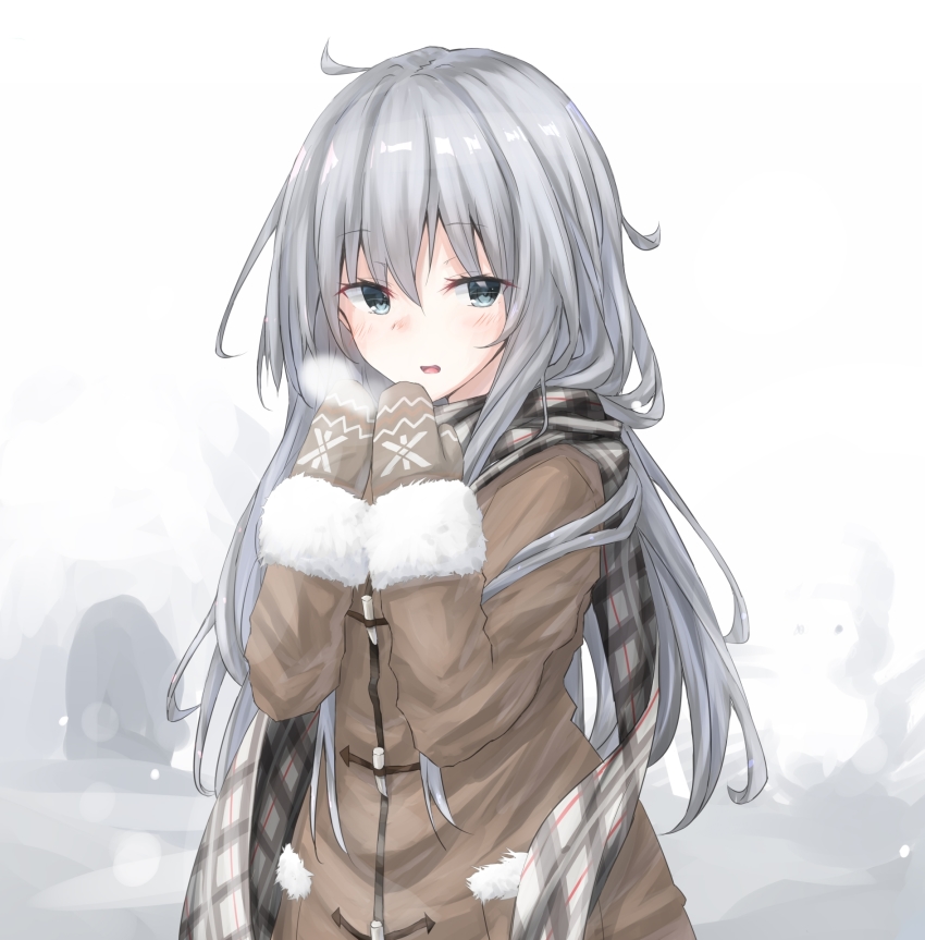 alternate_costume, blue_eyes, blush, brown_jacket, checkered_clothes, checkered_scarf, coat, gradient_background
