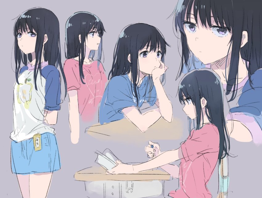 1girl, black_hair, blouse, blue_shorts, chair, closed_mouth, commentary_request, desk