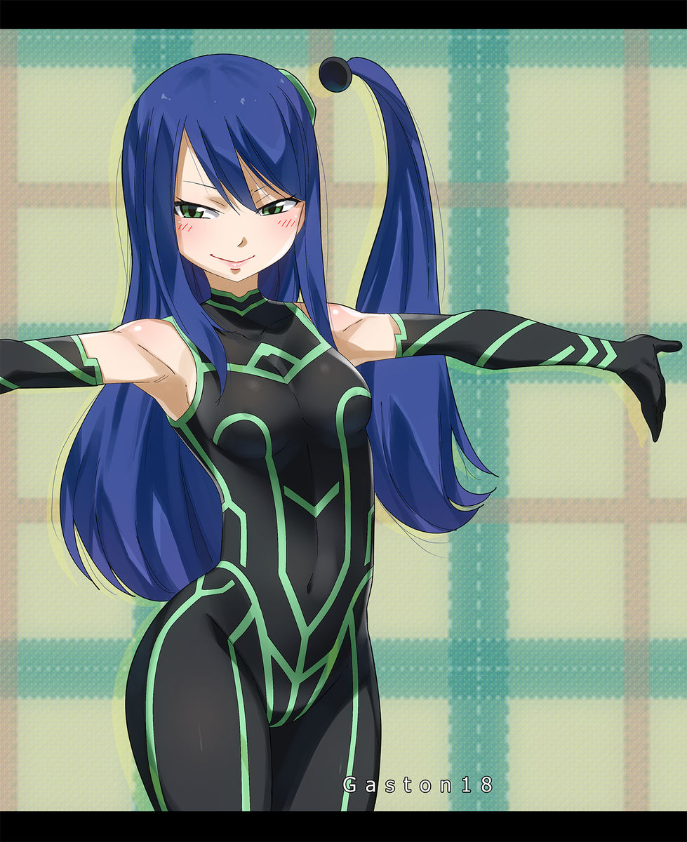 1girl, blue_hair, blush, bodysuit, breasts, detached_ponytail, eden's_zero, elbow_gloves