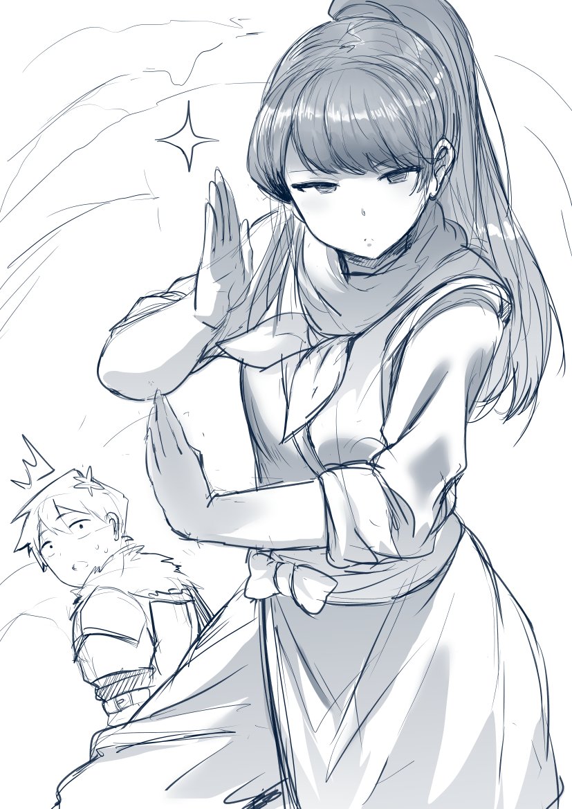 1boy, 1girl, ^^^, bow, closed_mouth, commentary, cosplay, english_commentary, fighter_(goblin_slayer!), fighter_(goblin_slayer!)_(cosplay), fighting_stance, goblin_slayer, goblin_slayer!, goblin_slayer_(cosplay), greyscale, hews, komi-san_wa_komyushou_desu, komi_shouko, long_hair, looking_at_viewer, monochrome, neckerchief, open_mouth, ponytail, sash, sketch, solo_focus, sparkle, standing, sweatdrop, tadano_hitohito