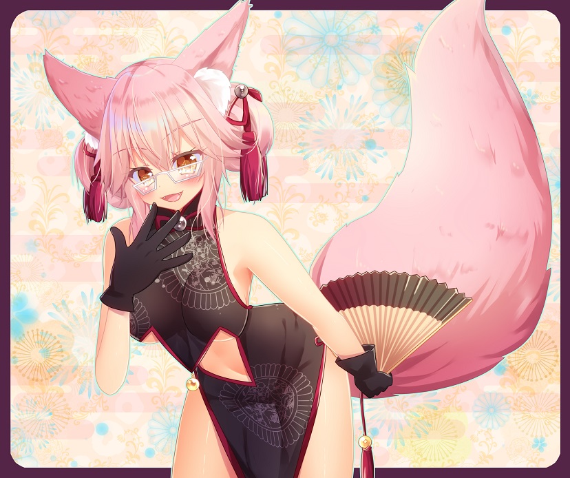 1girl, alternate_hairstyle, animal_ear_fluff, animal_ears, bare_shoulders, black_gloves, blush, breasts