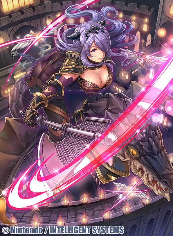 1girl, armor, ass, axe, black_gloves, breasts, camilla_(fire_emblem), castle, cleavage, colored_sclera, company_name, elbow_gloves, female_focus, fire, fire_emblem, fire_emblem_cipher, fire_emblem_fates, gauntlets, gloves, hair_over_one_eye, hasumi_fumi, holding, holding_axe, horns, large_breasts, lizard, long_hair, nintendo, official_art, outdoors, pegasus_knight_uniform_(fire_emblem), purple_eyes, purple_hair, slashing, smile, solo, very_long_hair, wavy_hair, yellow_sclera