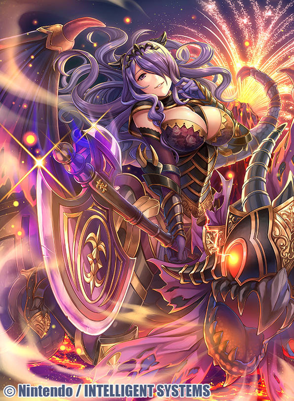 1girl, armor, axe, breasts, camilla_(fire_emblem), cleavage, company_name, elbow_gloves