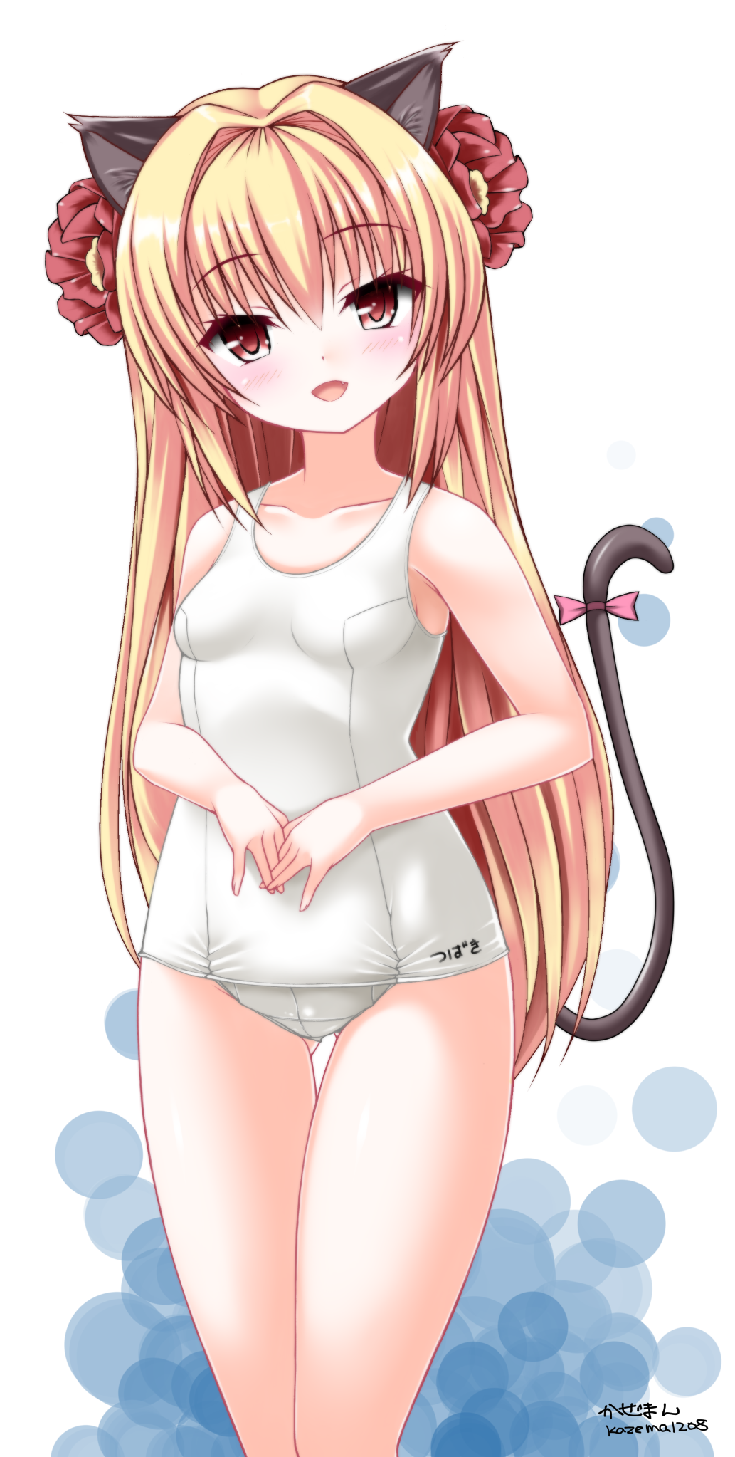 1girl, :d, animal_ears, bad_id, bad_pixiv_id, bare_arms, bare_shoulders, blonde_hair