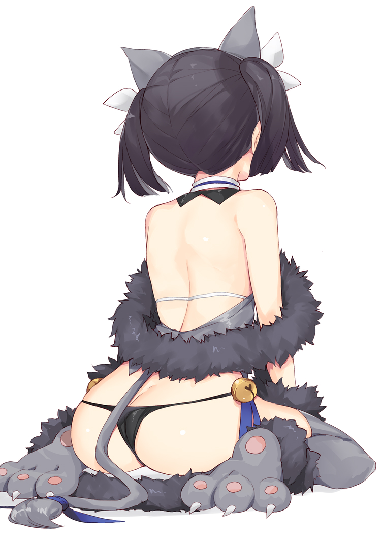 1girl, animal_ears, animal_hands, ass, bare_back, bell, black_hair, black_panties