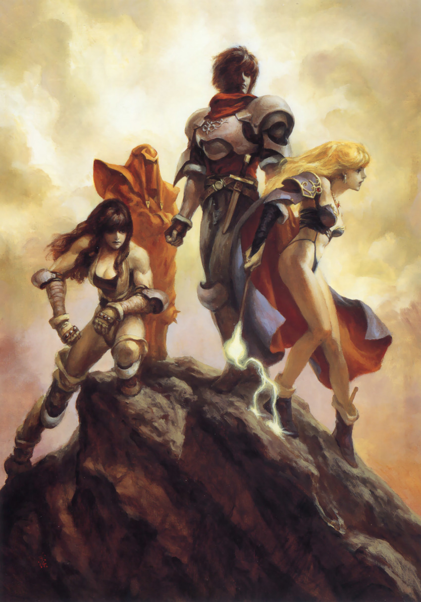 2boys, 2girls, ankle_boots, ares_(brandish), armor, bare_shoulders, bikini, bikini_armor