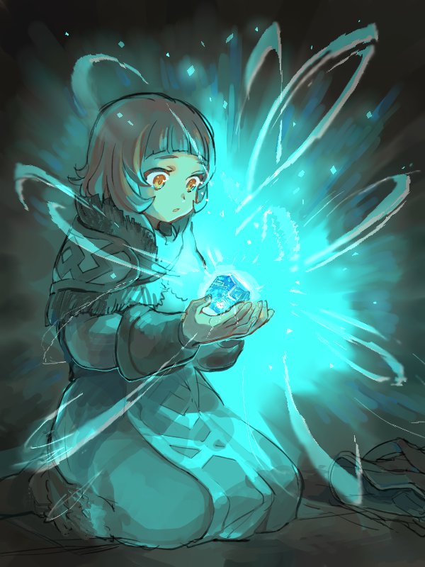 1girl, :o, aged_down, aqua_theme, blunt_bangs, blush, crystal, cupping_hands