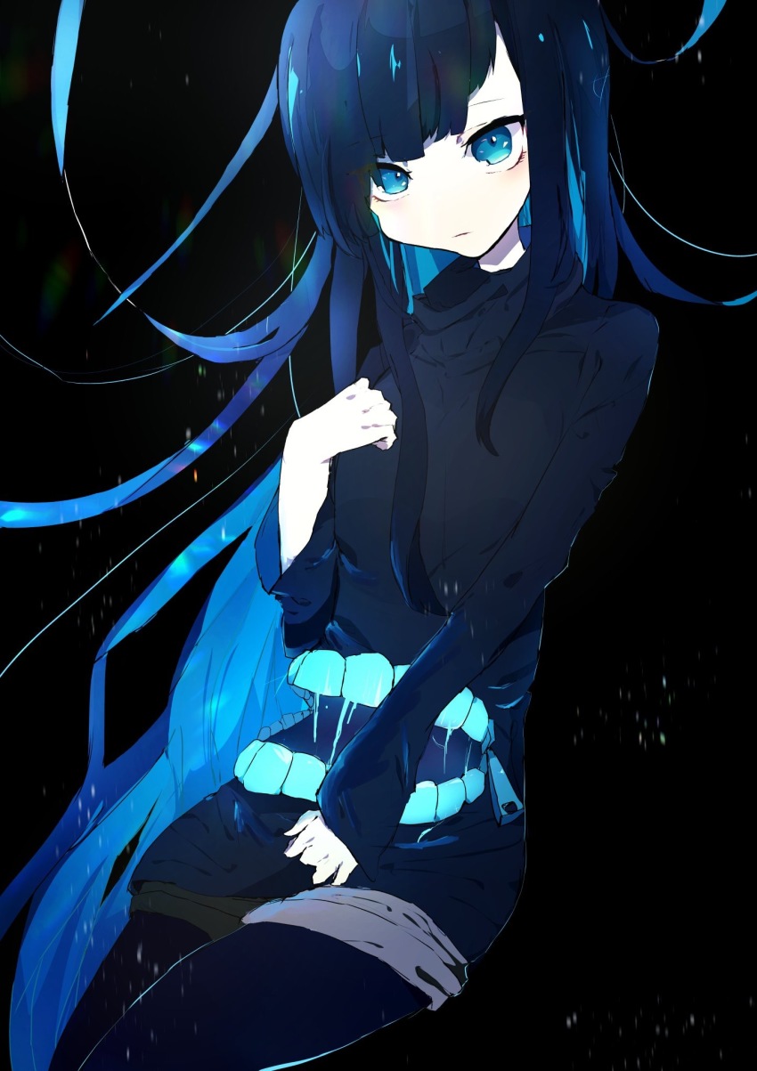 1girl, bioluminescence, black_hair, black_legwear, blue_eyes, blue_hair, extra_mouth, female_focus