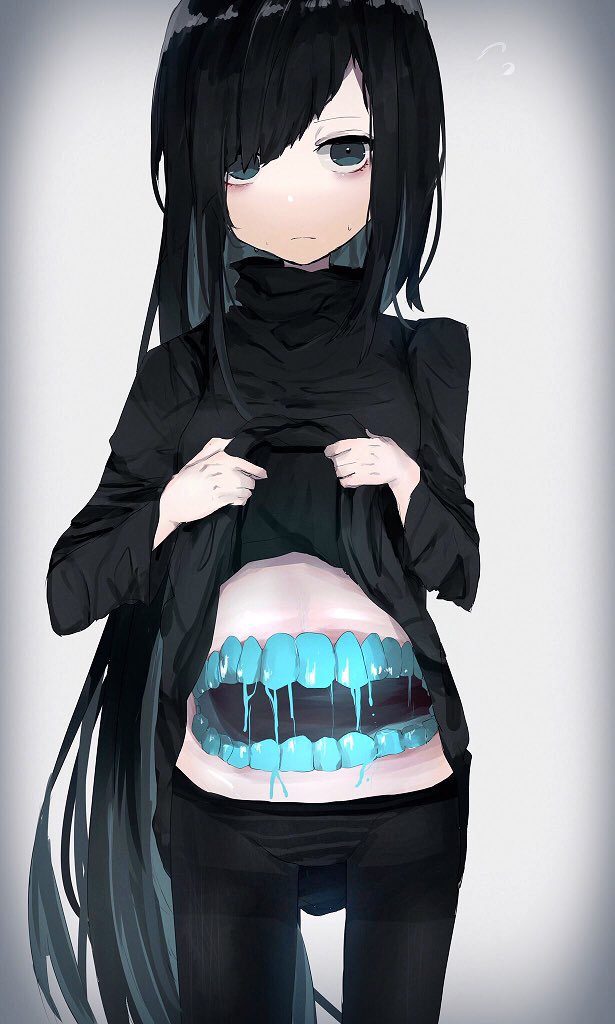 1girl, bags_under_eyes, bioluminescence, black_hair, black_legwear, expressionless, extra_mouth, female_focus