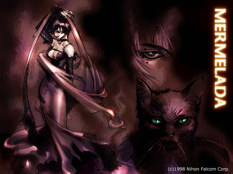 1998, 1girl, aqua_eyes, arm_up, blue_eyes, brandish_(video_game), brandish_4, brandish_vt, breasts, bridal_gauntlets, cat, character_name, choker, cleavage, company_name, contrapposto, dress, falcom, gloves, looking_at_viewer, medium_breasts, mermelada, no_bra, official_art, short_hair, standing, strapless, strapless_dress