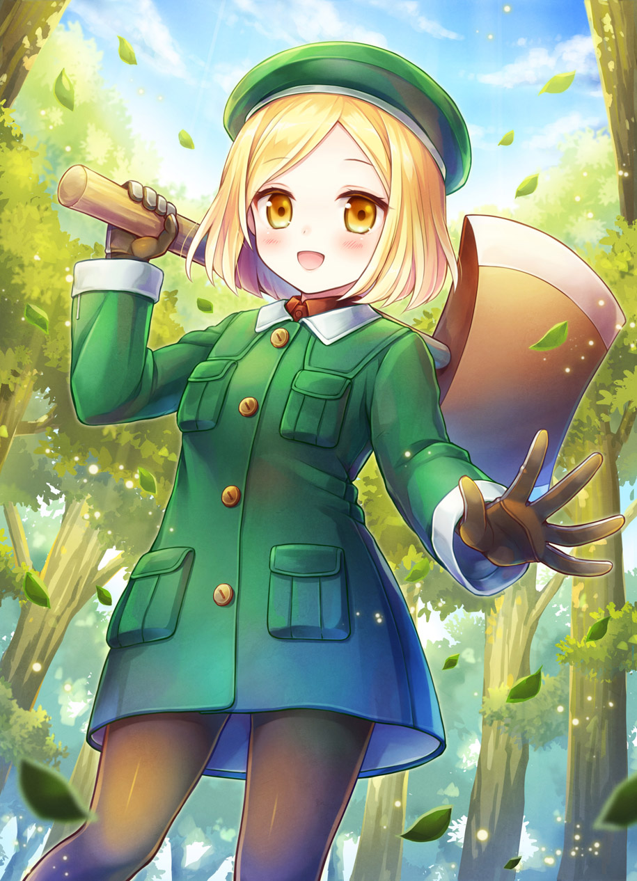 1girl, :d, axe, beret, blonde_hair, blue_sky, blush, cannan
