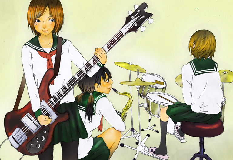 3girls, bass_guitar, black_eyes, black_hair, black_socks, breasts, brown_hair, closed_mouth