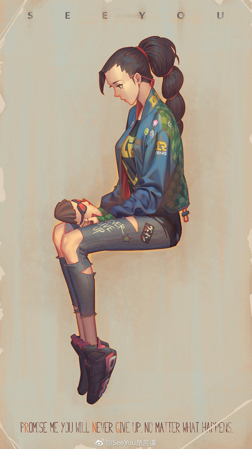 1girl, black_hair, bowl_cut, brown_eyes, brown_hair, english_text, eyewear_on_head, facepaint, female_focus, glasses, gun, hairband, heart, highres, holding, holding_mask, league_of_legends, long_hair, looking_down, mask, medium_hair, mole, mole_under_mouth, nail_polish, pink_nails, ponytail, see_you, shoes, signature, sitting, sneakers, solo, submachine_gun, sweater, torn_clothes, torn_legwear, uzi_(gamer), vayne_(league_of_legends), weapon