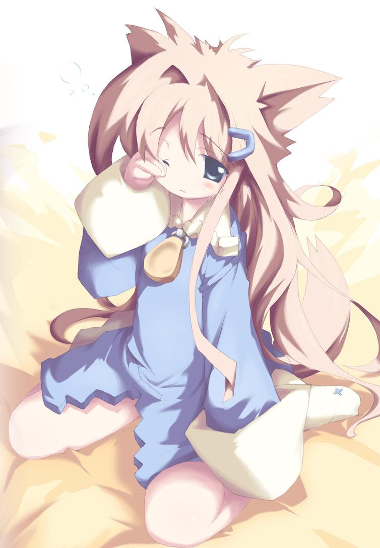 1girl, animal_ears, bed, blue_dress, blush, brown_hair, bubble, cat_ears