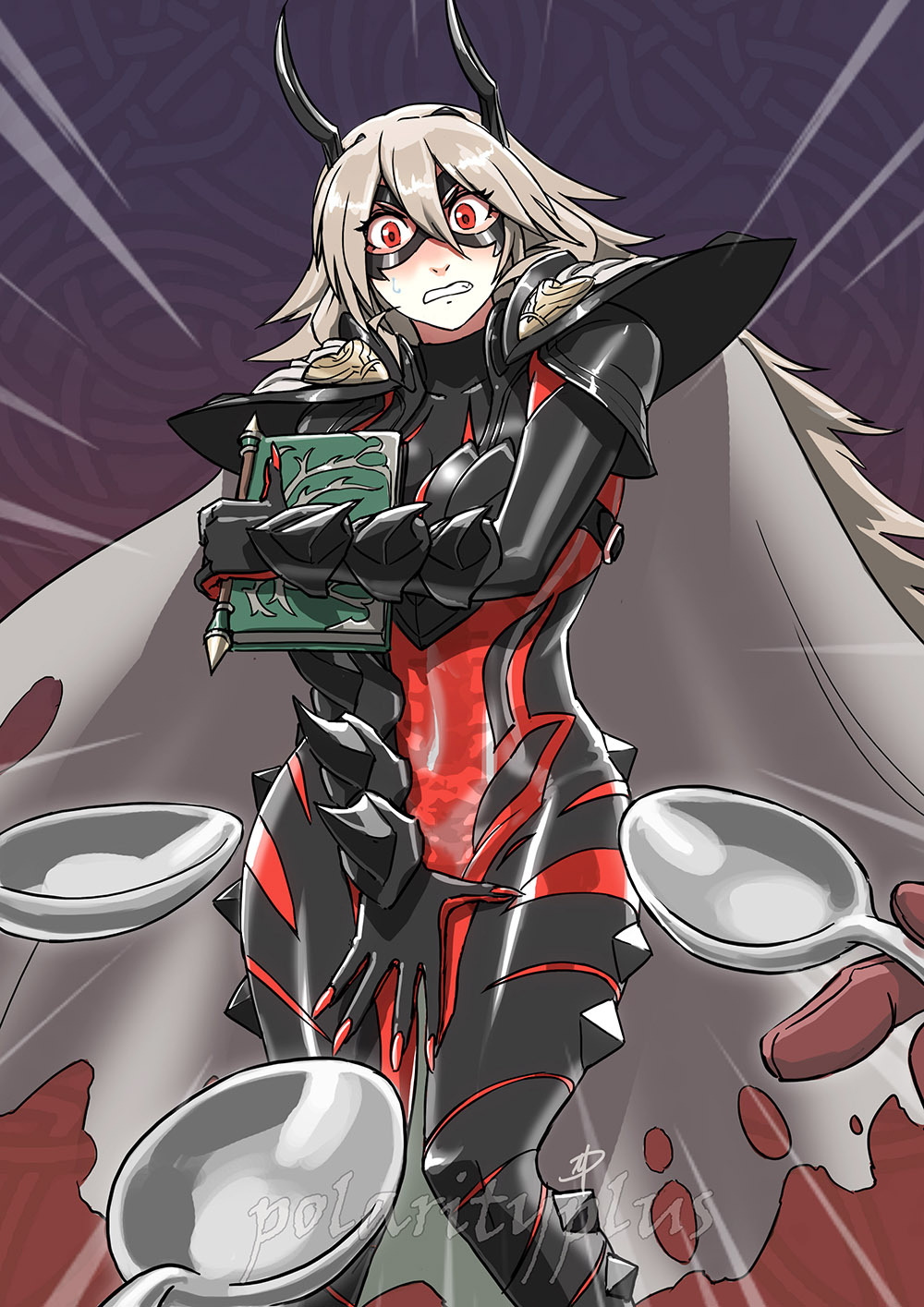 1girl, armor, artist_name, bone, book, breastplate, cape, clenched_teeth